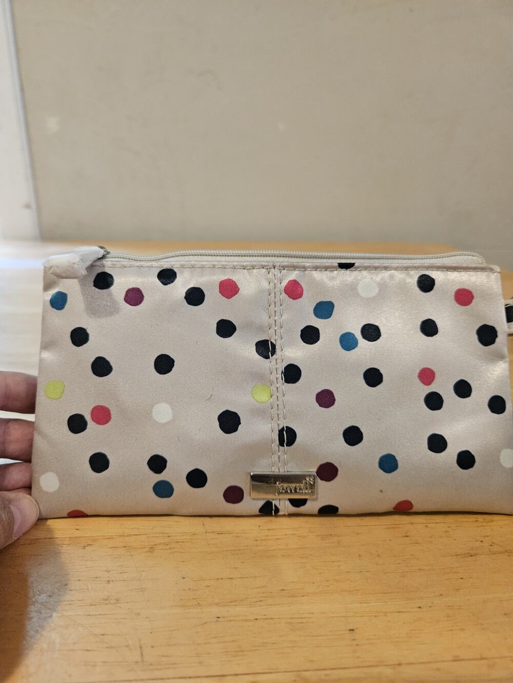 Jewell Polka Dot Beige Multicolor Fabric Wallet Wristlet Bag Zippered
